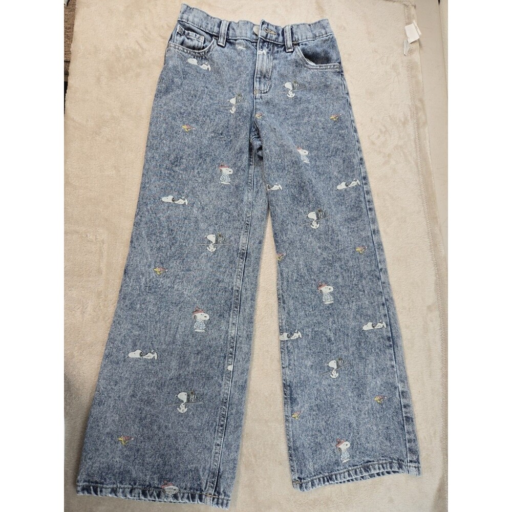 Justice Girls Peanuts Snoopy Wide Leg Acid Wash Jeans Light Blue Size 10